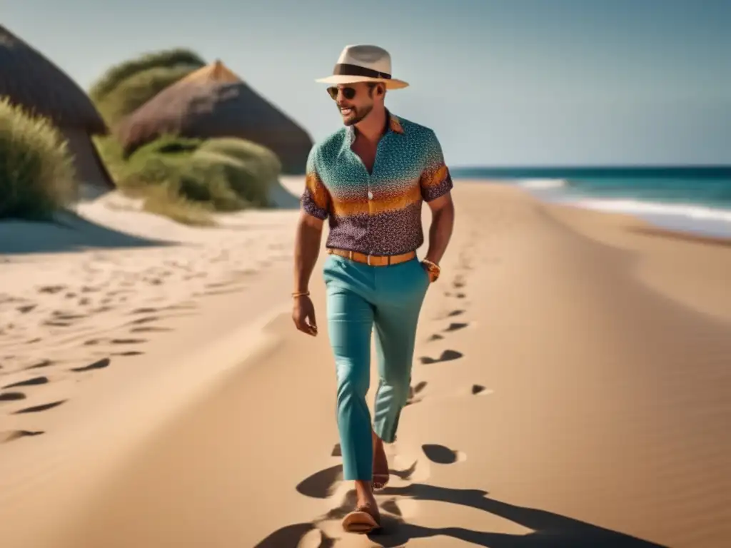 Guía de estilo para vestir en la playa para hombres - Hombre moderno y elegante caminando en una playa, luciendo atuendo playero de moda y accesorios