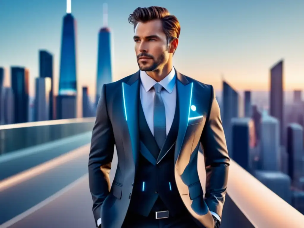 Beneficios de moda inteligente masculina, hombre sofisticado con traje tecnológico avanzado, diseño elegante integrando moda y tecnología