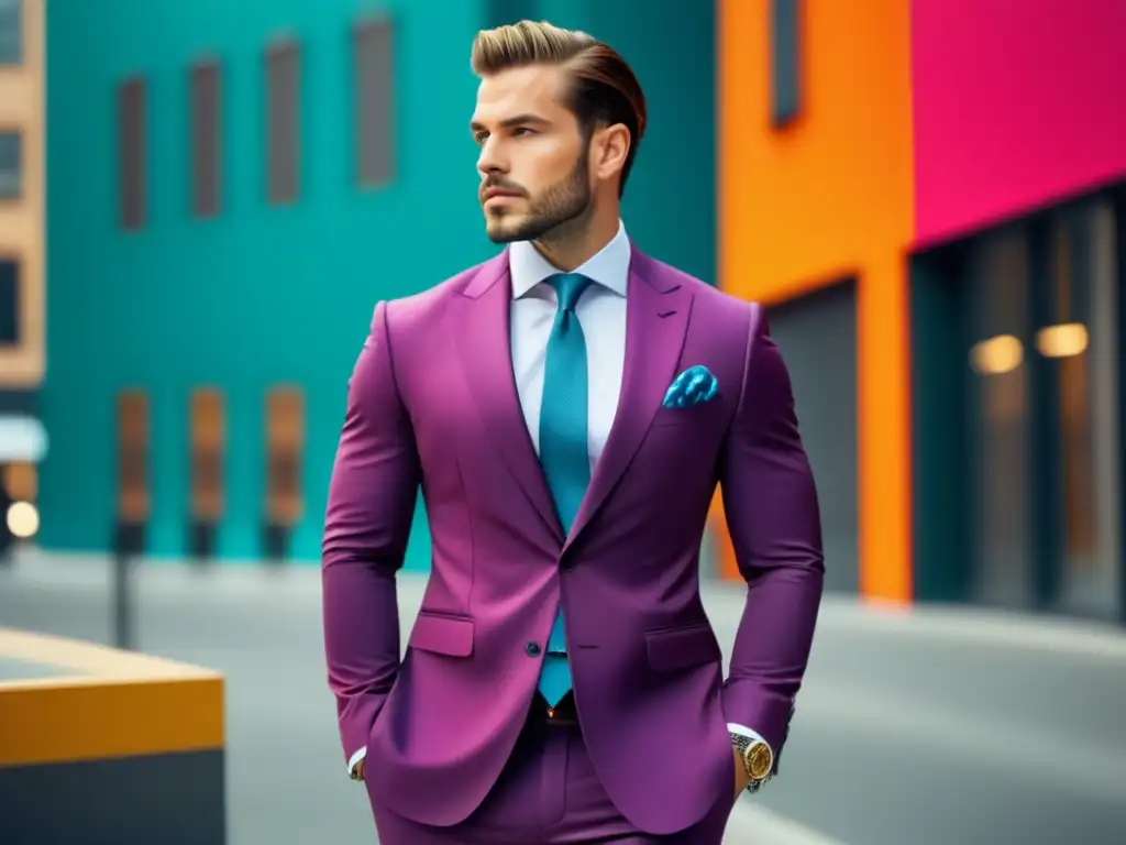 Hombre moderno en entorno urbano, traje a medida con patrón único y accesorios elegantes