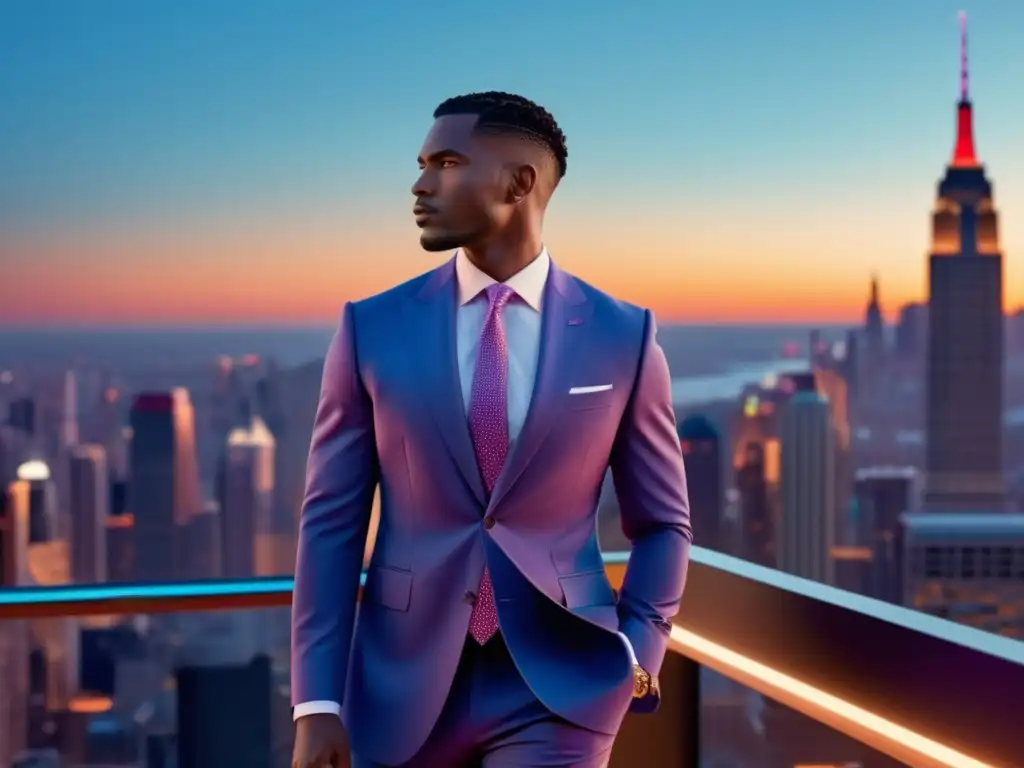 Tendencias moda masculina 2022: modelo elegante con traje a medida y accesorios modernos en una escena urbana al atardecer