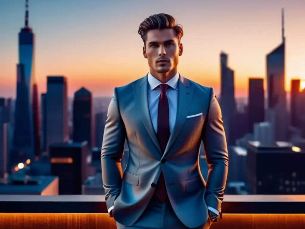 Moda masculina: modelo en traje elegante en la azotea de la ciudad al atardecer