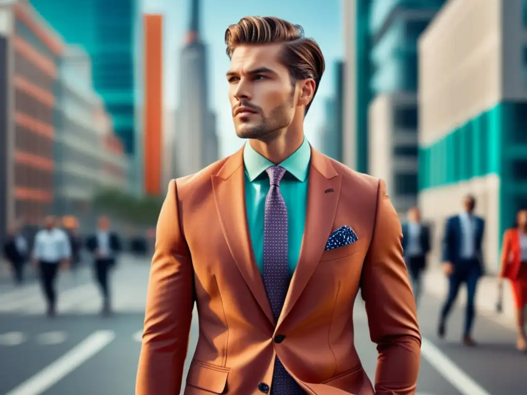 Tendencias moda masculina actual: modelo masculino elegante caminando por la ciudad moderna