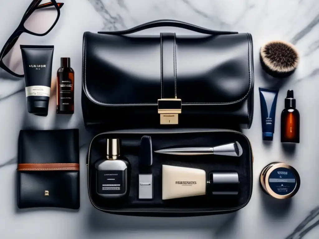 Imprescindibles equipaje hombre moderno: bolsa de viaje de cuero negro con kit de afeitado, productos de cuidado facial y kit de higiene personal