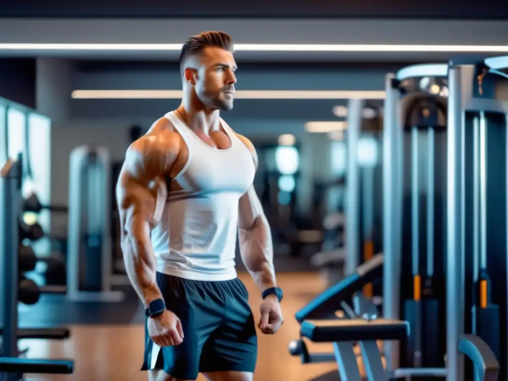 Hombre musculoso en un gimnasio moderno, reflejando confianza y determinación