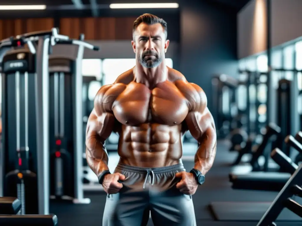 Ejercicios para tonificar el cuerpo masculino: Hombre musculoso en gimnasio moderno, con máquinas y pesas, resalta su físico definido y abs