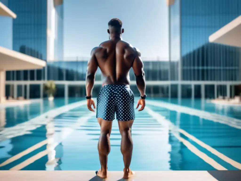 Hombre musculoso en traje de baño, a punto de saltar a una piscina moderna rodeada de arquitectura elegante