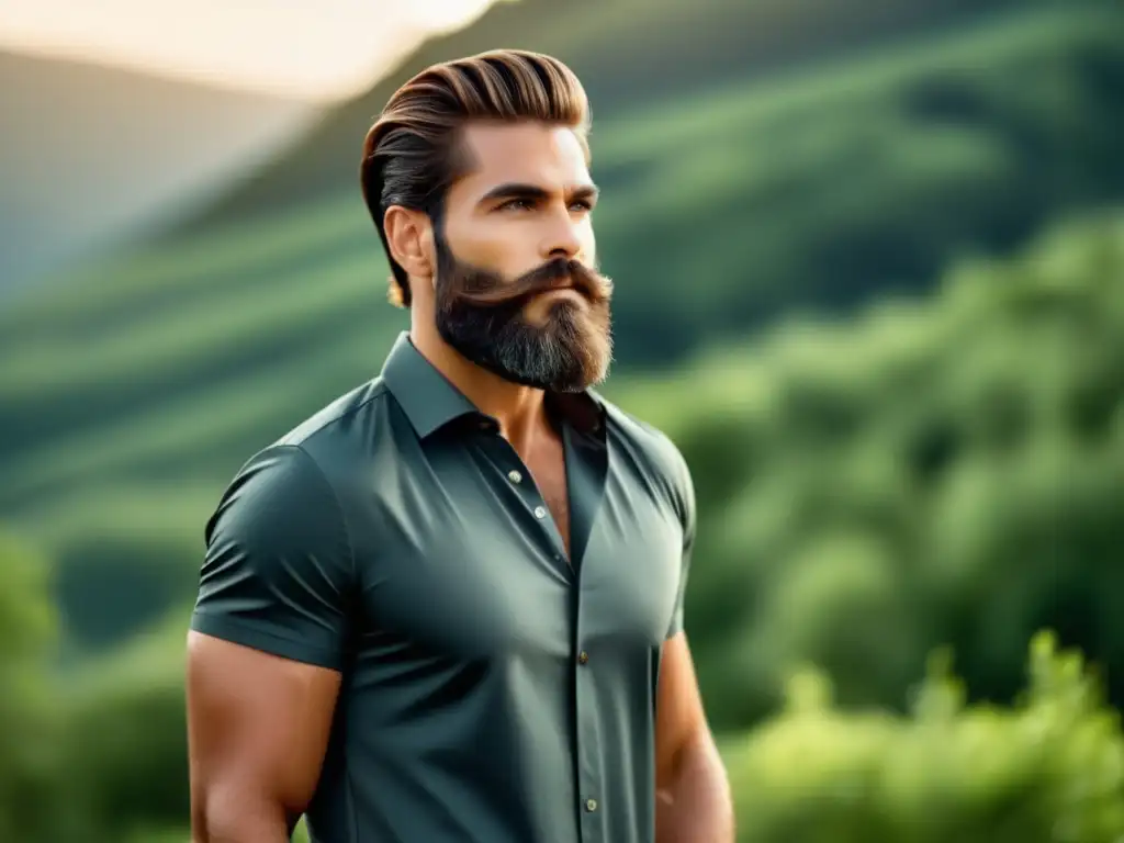 Modelo masculino con look natural y pulido en la naturaleza