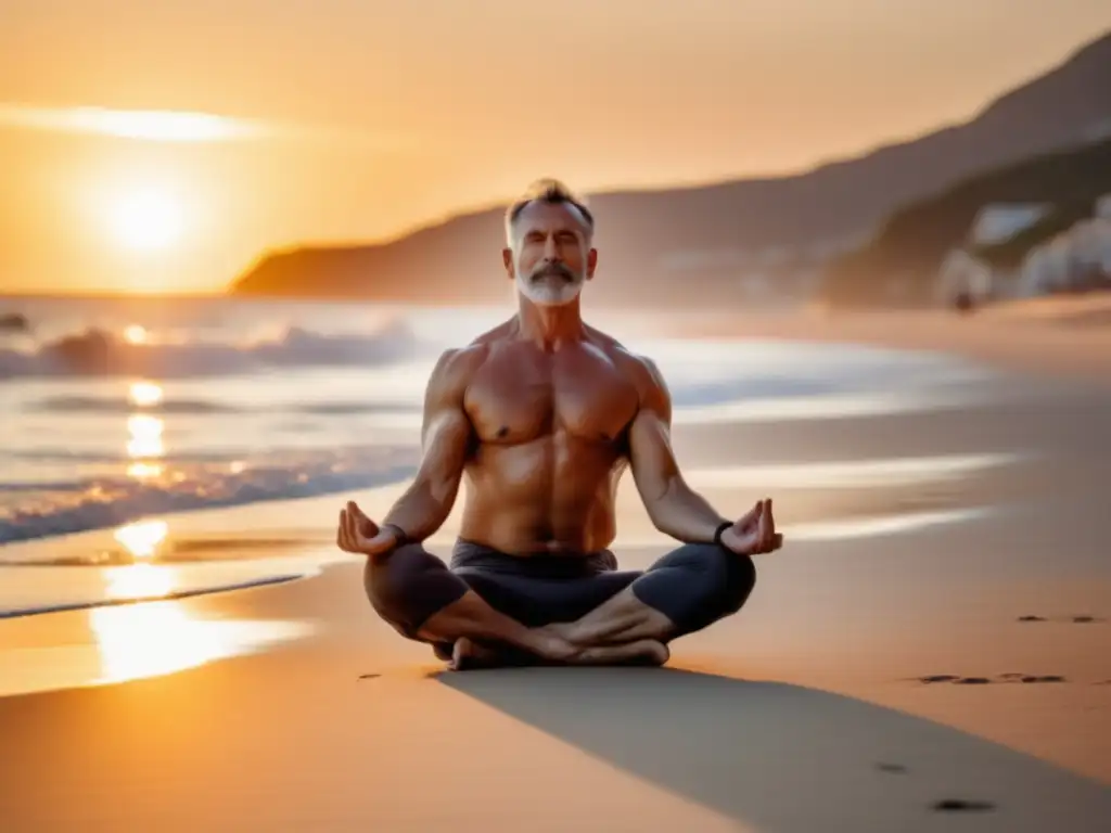 Hombre practicando yoga en la playa al atardecer - Beneficios del yoga para hombres