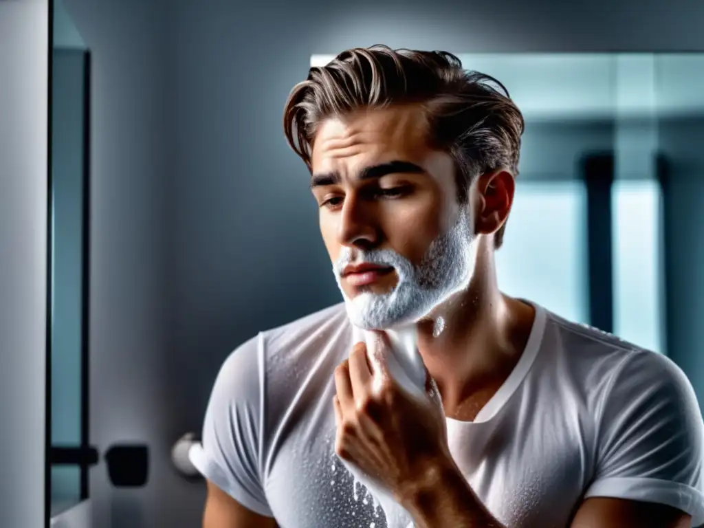 Joven preparándose para afeitarse en un baño moderno - Moda masculina juvenil para la oficina: Consejos de estilo profesional