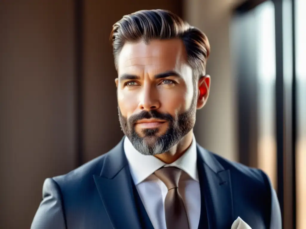 Un hombre bien cuidado con piel impecable y confianza radiante, luciendo elegante y sofisticado en una clínica dermatológica moderna