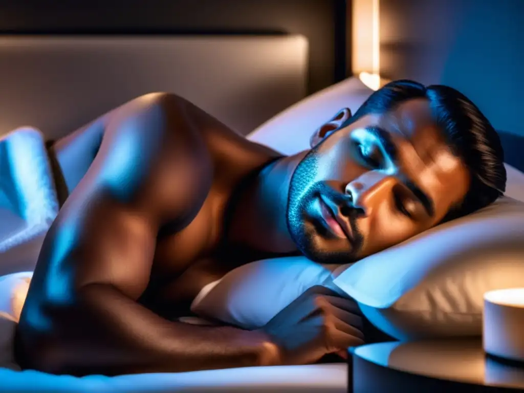 Hombre de 30s en cama de lujo, aplicando crema nocturna: Rutina nocturna cuidado piel hombre