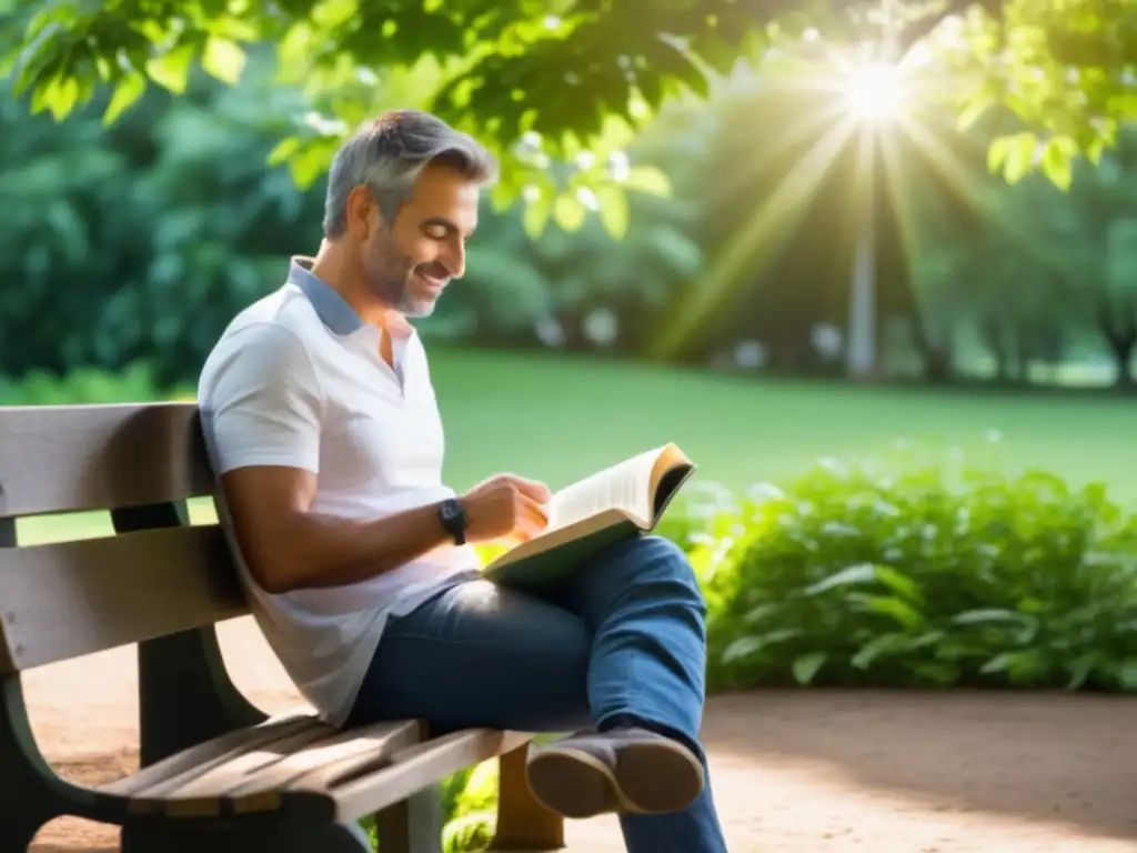 Hombre relajado en banco del parque disfrutando de la naturaleza y la lectura