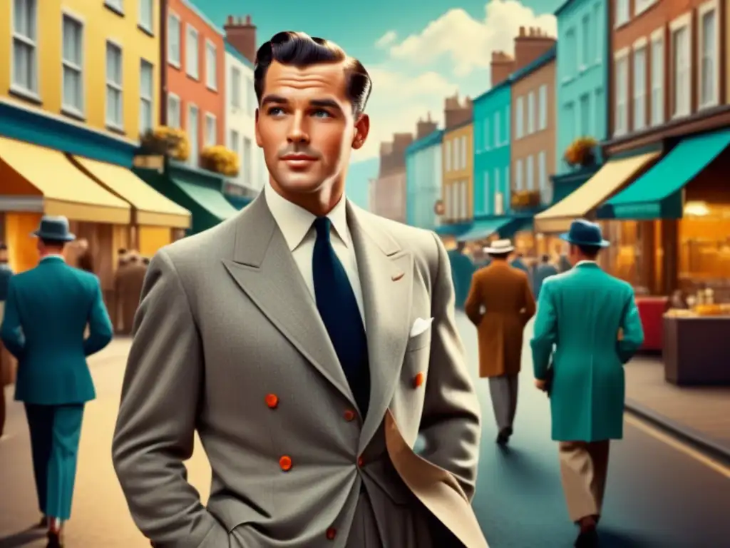 Tendencias moda masculina estilo retro en una calle vintage con un elegante caballero y tiendas coloridas