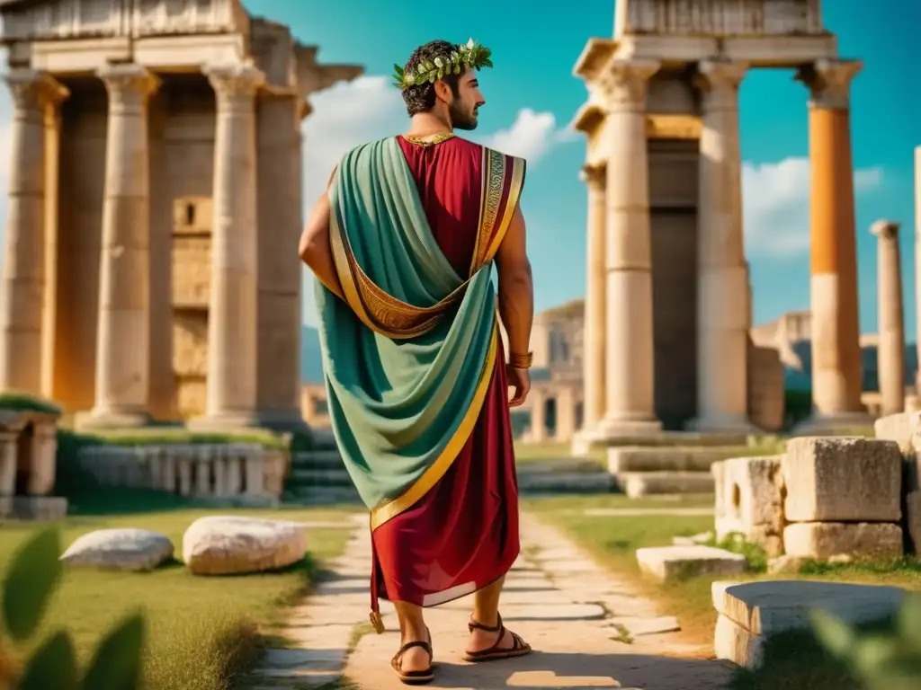 Hombre en toga romana con laurel, moda masculina siglos, detalle de ruinas antiguas (108 caracteres)