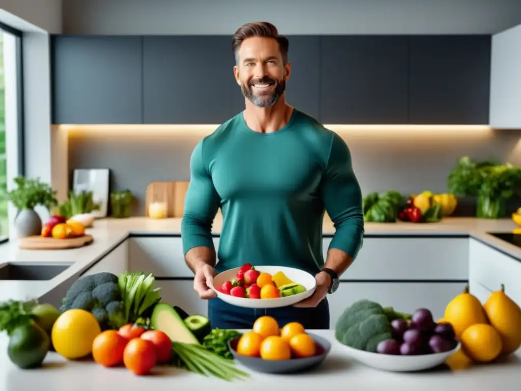 Dieta masculina para transformar estilo: hombre confiado en cocina minimalista con comida balanceada