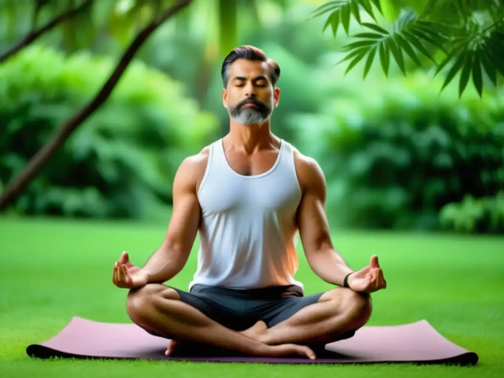 Hombre sereno practicando yoga en la naturaleza: Efectos del estrés en la apariencia masculina