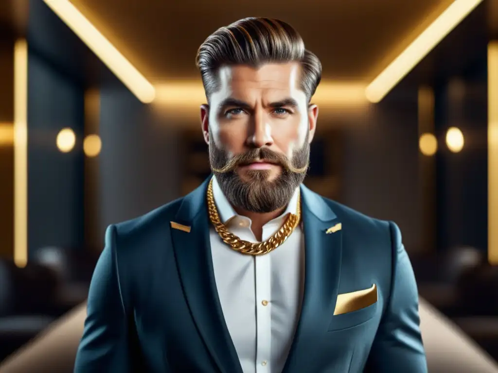 Tendencia cadenas oro hombres: Hombre elegante con cadena oro, confianza y estilo en ambiente moderno y lujoso