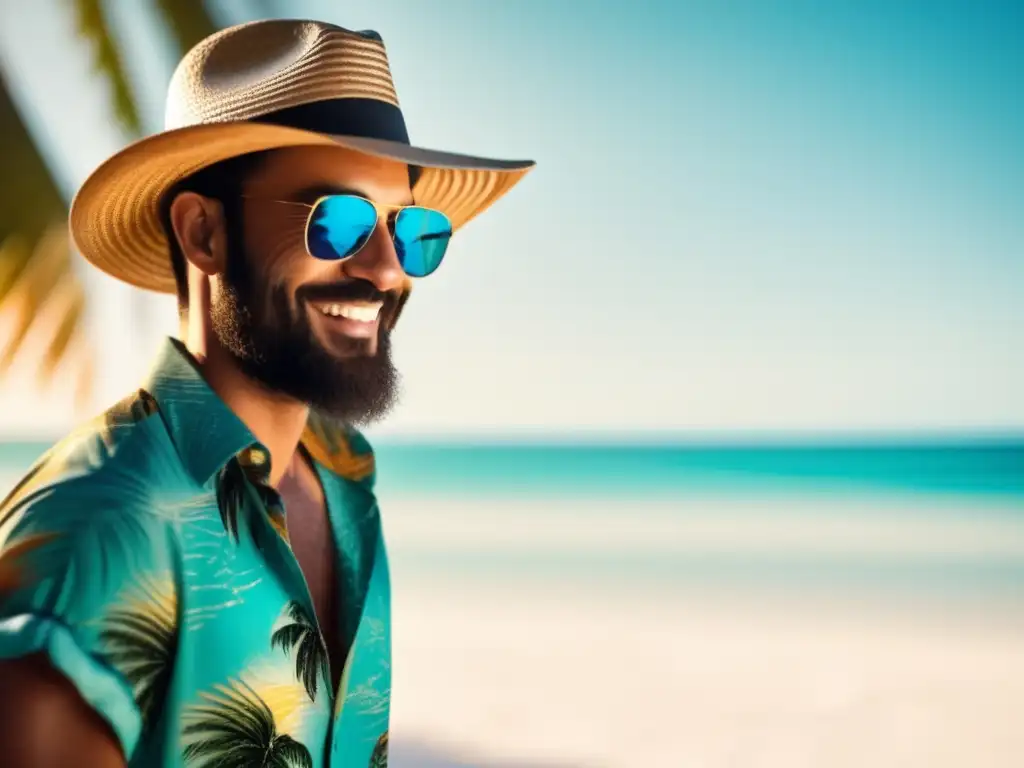 Hombre estiloso con sombrero de paja, gafas de sol y camisa playera en una playa paradisíaca