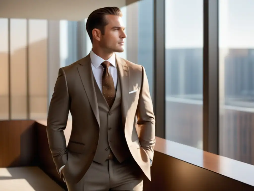 Hombre elegante en traje marrón: beneficios del color marrón en moda