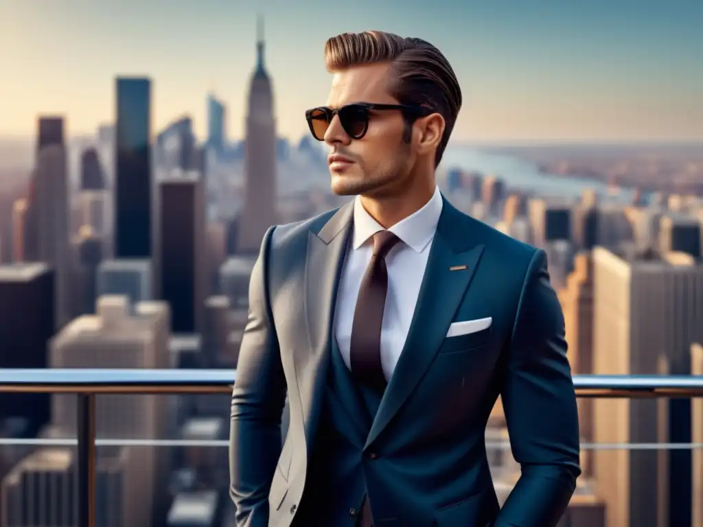 Tendencias moda masculina posicionamiento: modelo masculino elegante en traje frente a ciudad, simbolizando estilo urbano y moda masculina