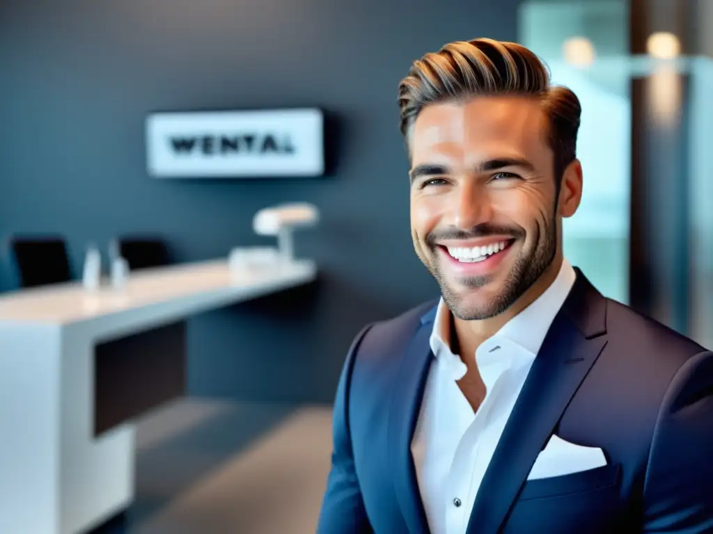 Hombre moderno sonriente en traje, resaltando la importancia de la higiene bucal masculina