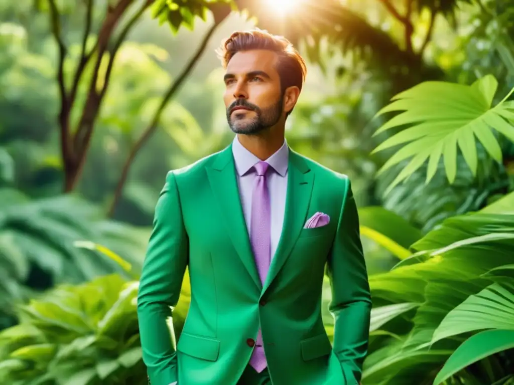 Hombre elegante en moda sostenible, conectando con la naturaleza y el estilo de vida consciente