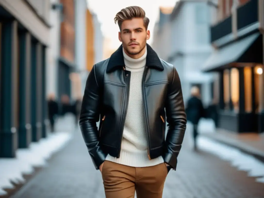 Estilo moda masculina invierno juvenil - Joven elegante caminando por la ciudad con confianza, luciendo un outfit moderno y urbano