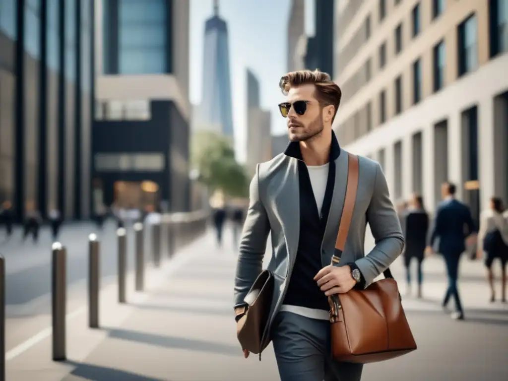 Hombre con estilo en la ciudad con bolsa mensajero: beneficios urbanos