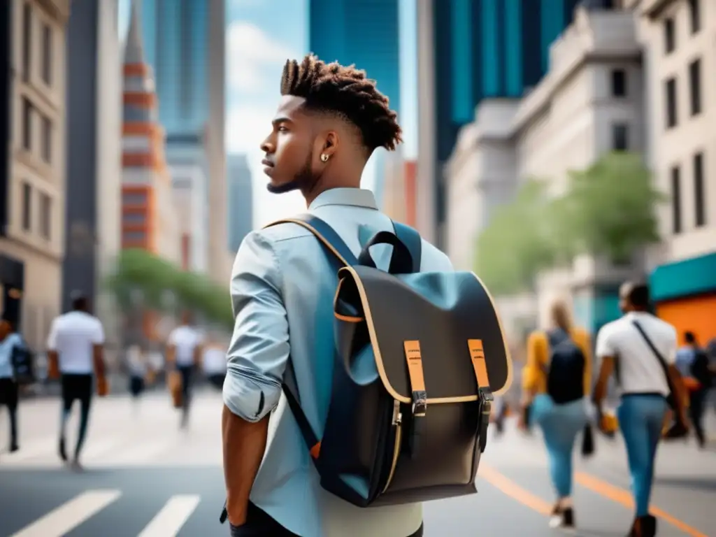 Hombre elegante con mochila masculina en una ciudad vibrante