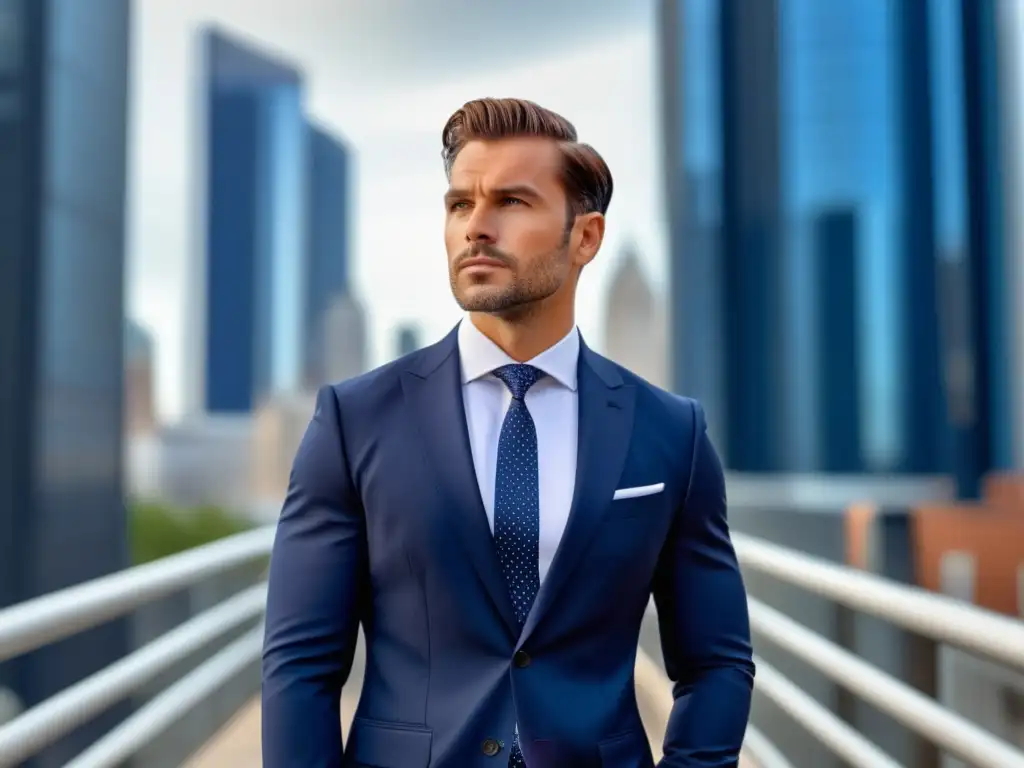 Consejos moda masculina para autoestima: Hombre moderno confiado en traje azul marino, camisa blanca y corbata geométrica