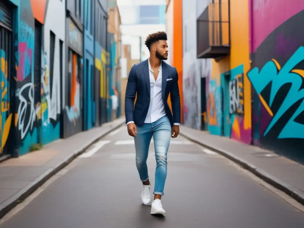 Hombre elegante caminando por una calle urbana llena de graffiti, mostrando la fusión de la moda masculina urbana