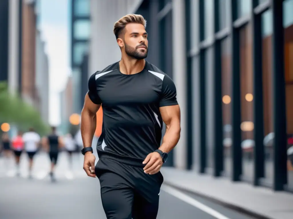 Hombre en activewear urbano con estilo moderno y vibrante ambiente en la ciudad