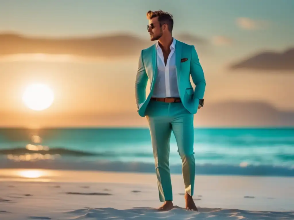 Consejos de moda masculina para viajes a la playa: hombre en traje de lino, playa de arena blanca, aguas turquesas, atardecer dorado, palmeras