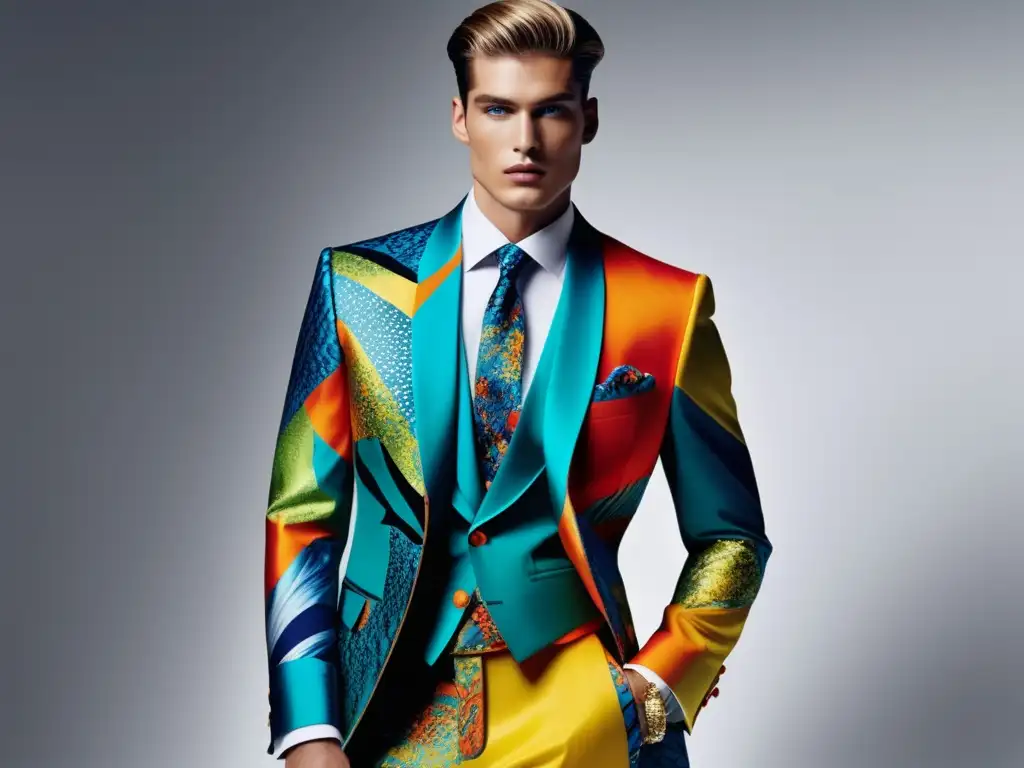 Tendencias moda masculina influencia arte: modelo con atuendo vibrante y artístico inspirado en obras famosas, colores vivos y patrones mesmerizantes