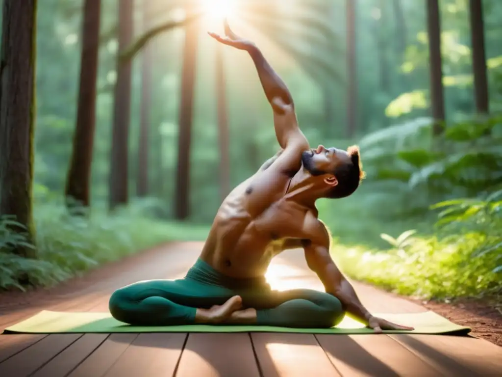 Hombre practicando yoga en un bosque, destacando beneficios para hombres