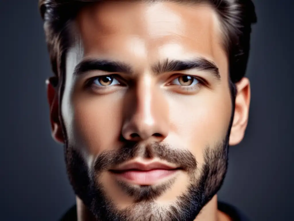 Beneficios rutina cuidado piel masculina: hombre con piel radiante y sin imperfecciones, barba bien cuidada, en un fondo minimalista