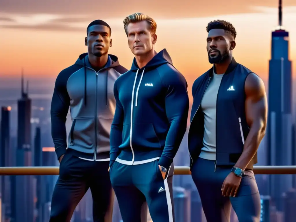 Activewear para hombres modernos en una ciudad nocturna con rascacielos impresionantes