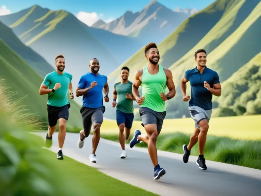 Hombres activos practicando deportes en paisaje natural, inspirando una dieta saludable y estilo de vida activo