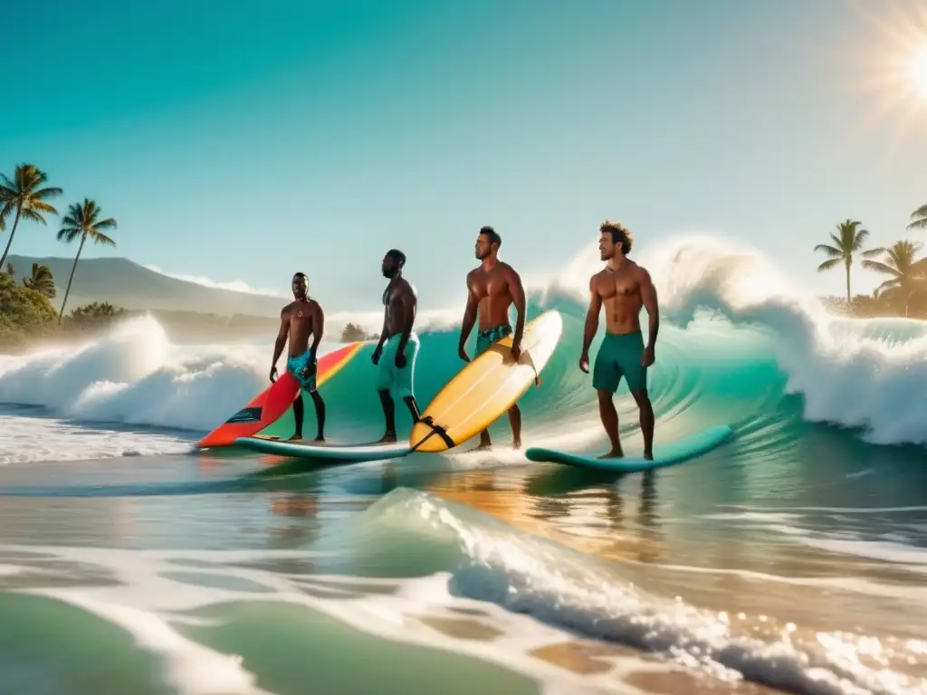 Hombres aventureros en trajes de playa, surfeando olas en un impresionante paisaje