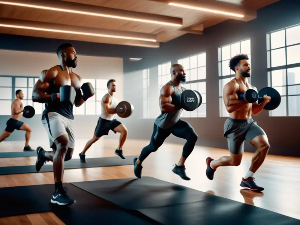 Hombres activos en moderno estudio fitness, promoviendo beneficios de una alimentación saludable