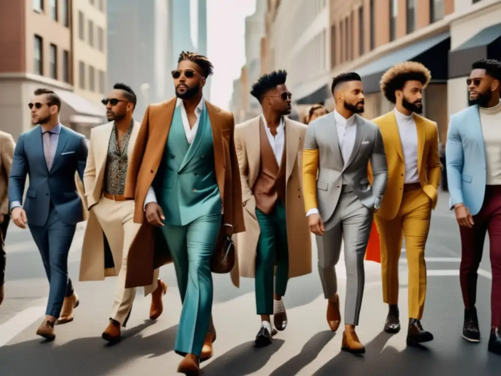 Moda masculina desafiando género: hombres elegantes caminando juntos en la ciudad, empoderados y representando igualdad