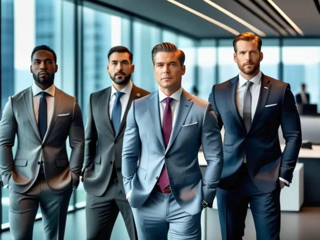 Tendencias moda masculina diversidad: Hombres elegantes en un entorno profesional, con trajes a medida en colores variados