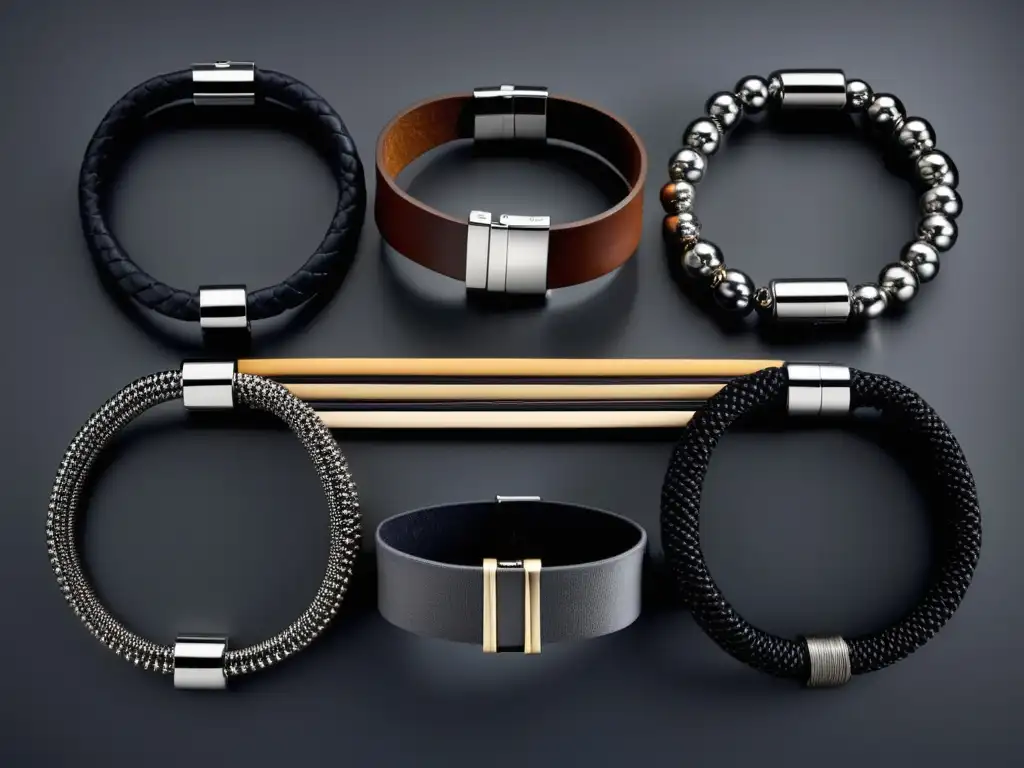 Tendencia pulseras masculinas moda: Pulseras de hombre modernas en variedad de materiales y estilos, sobre fondo gris minimalista