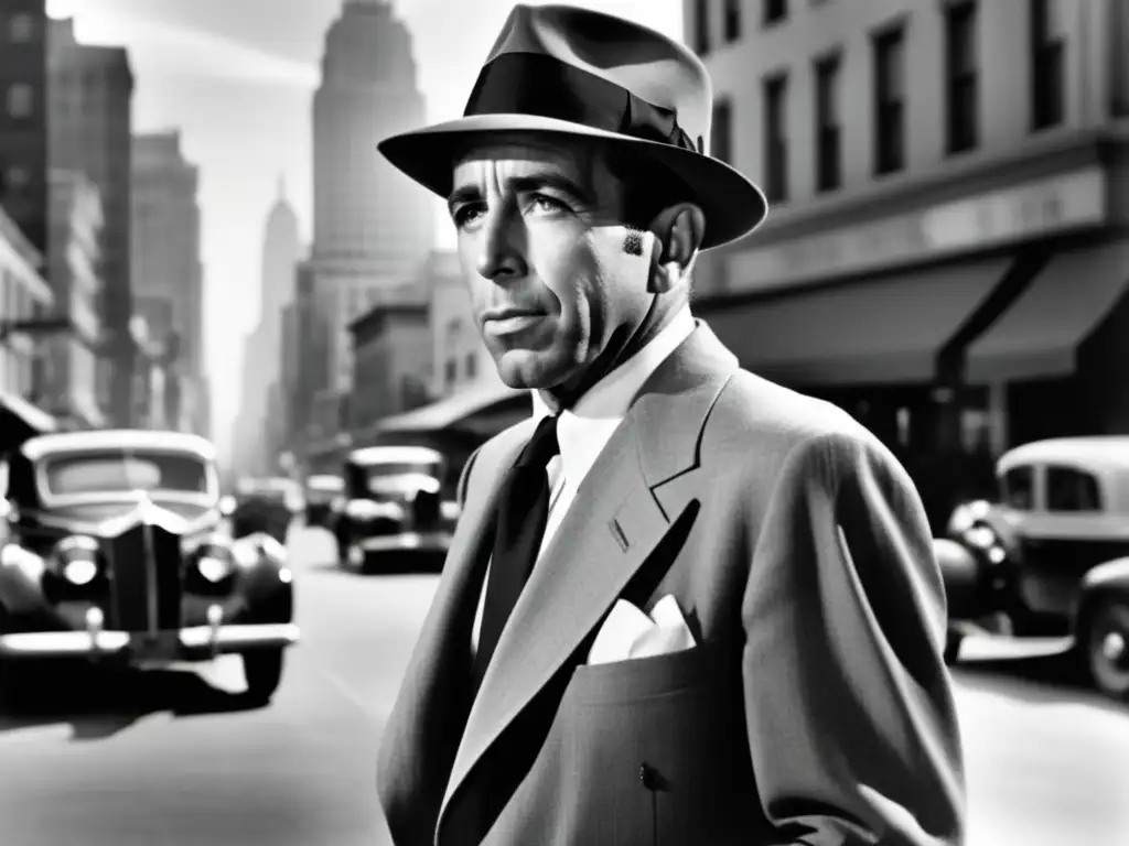 Estilo atemporal de Humphrey Bogart en la ciudad, vestido elegante con su fedora y expresión sofisticada y masculina