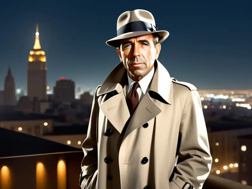 Estilo atemporal de Humphrey Bogart en elegante imagen urbana