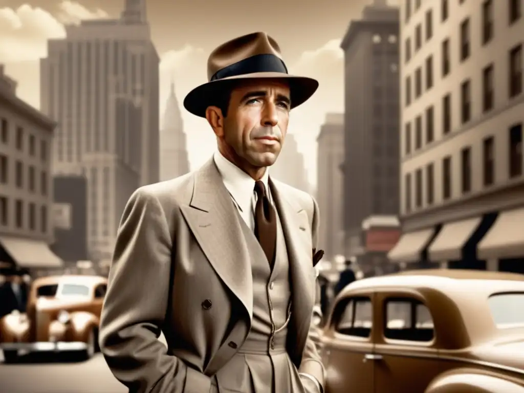 Estilo vintage masculino Bogart en ciudad de los 40s