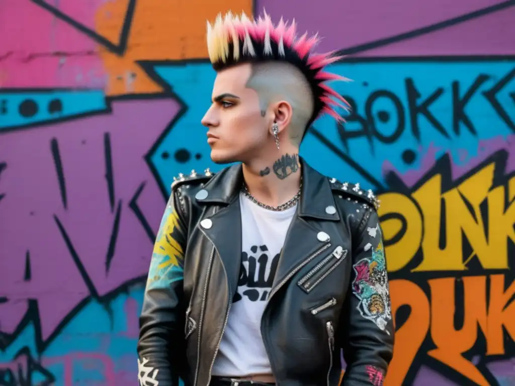 Hombre punk moda años 80 con graffitis, mohawk y actitud rebelde