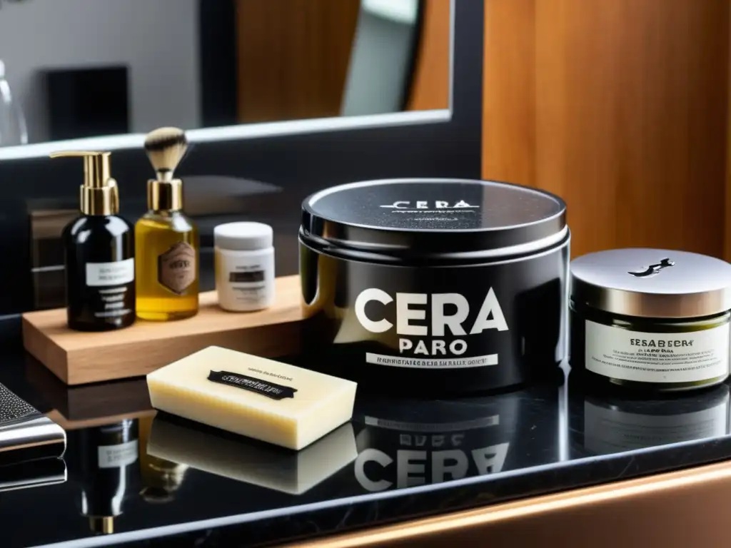 Productos para cuidado barba hombre: baño moderno con encimera de mármol negro, productos de alta gama y accesorios elegantes