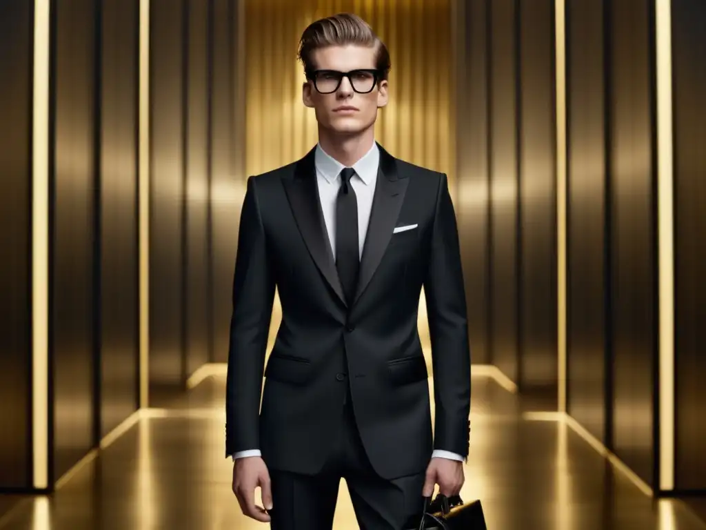 Tendencias moda masculina Saint Laurent, modelo elegante con traje negro y detalles impecables, capturando la esencia del estilo distintivo de la marca