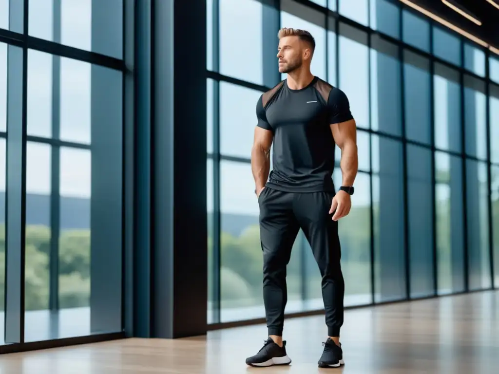 Hombre moderno en activewear destacando su agilidad y fuerza en gimnasio minimalista con luz natural